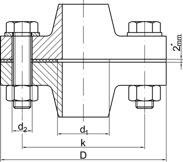 Maßskizze für Flachdichtungen Form FF nach DIN EN 1514-1 FF mit Schraubenlöchern für glatte Flansche